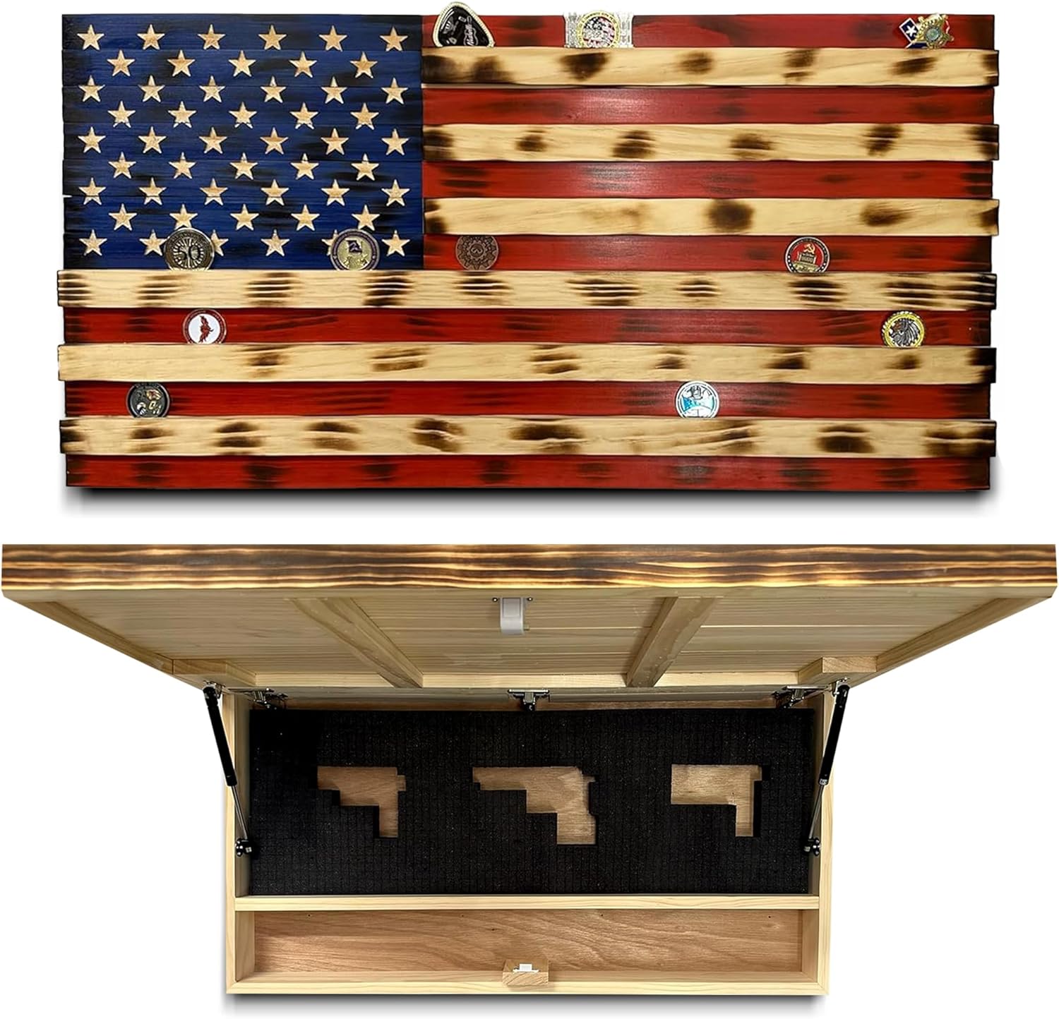 American Flag Challenge Coin Display and Hidden Gun Cabinet, Military Coin Holder Holds 100 Coins and is Ready to Hang, Large US Flag Patriotic Art 38 by Bellewood Designs