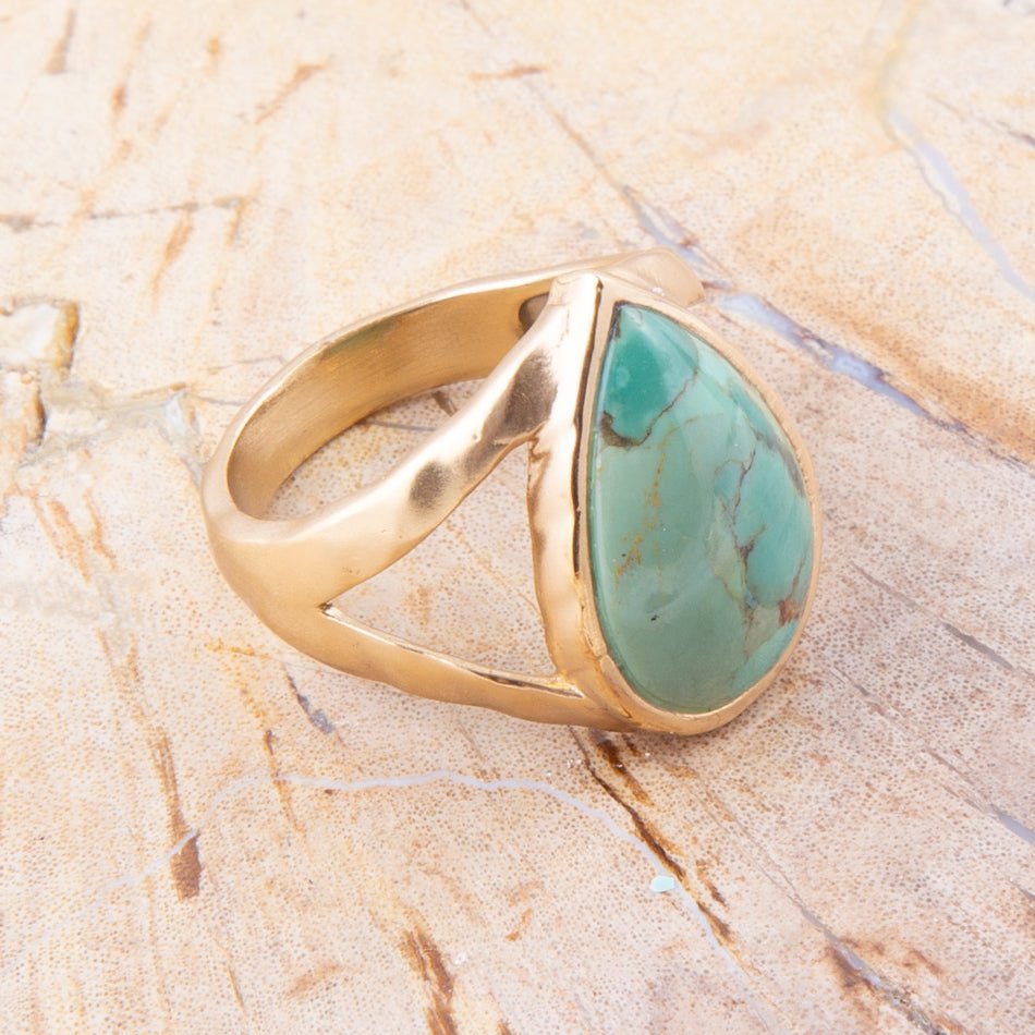 Maisy Blue Turquoise Golden Teardrop Ring detail view by Barse Jewelry