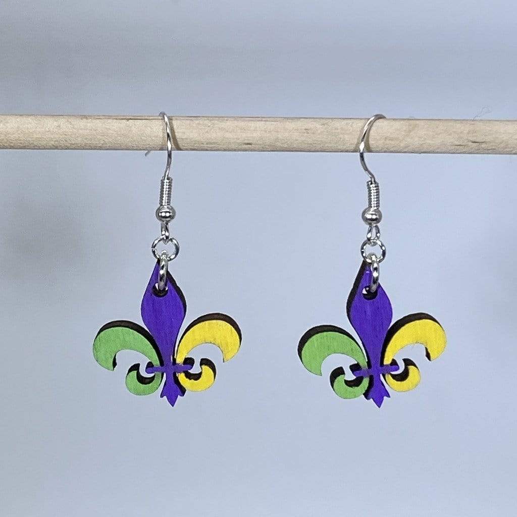 Mardi Gras Fleur-de-Lis Wooden Earrings | New Orleans Jewelry by Cate's Concepts, LLC, handmade jewelry detail photo 2