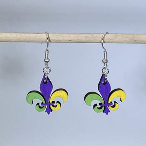 Mardi Gras Fleur-de-Lis Wooden Earrings | New Orleans Jewelry by Cate's Concepts, LLC, handmade jewelry detail photo 2
