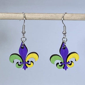 Mardi Gras Fleur-de-lis Wooden Dangle Earrings | New Orleans Jewelry detail view by Cate's Concepts, LLC