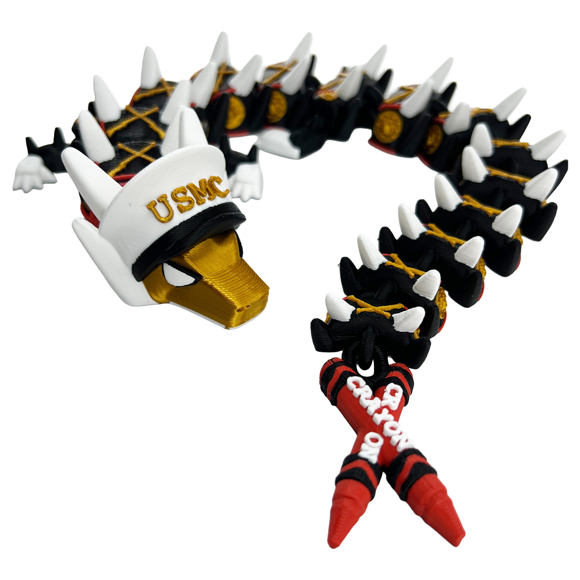Marine Corps articulated dragon with USMC cover and red crayon tail
