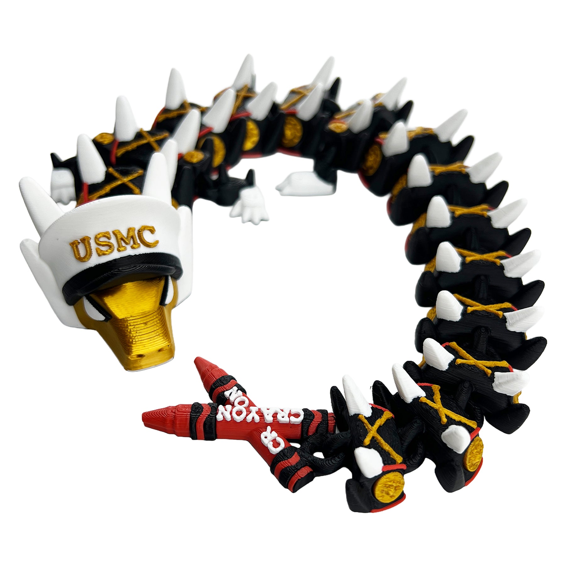 Marine Corps articulated dragon with USMC cover and crayon tail, angled view