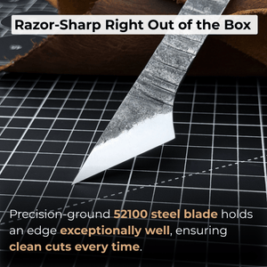 Marking Knife Kiridashi with leather sheath, 4 cm (1.57 inches) detail view by Sharky Forged Steel Tools