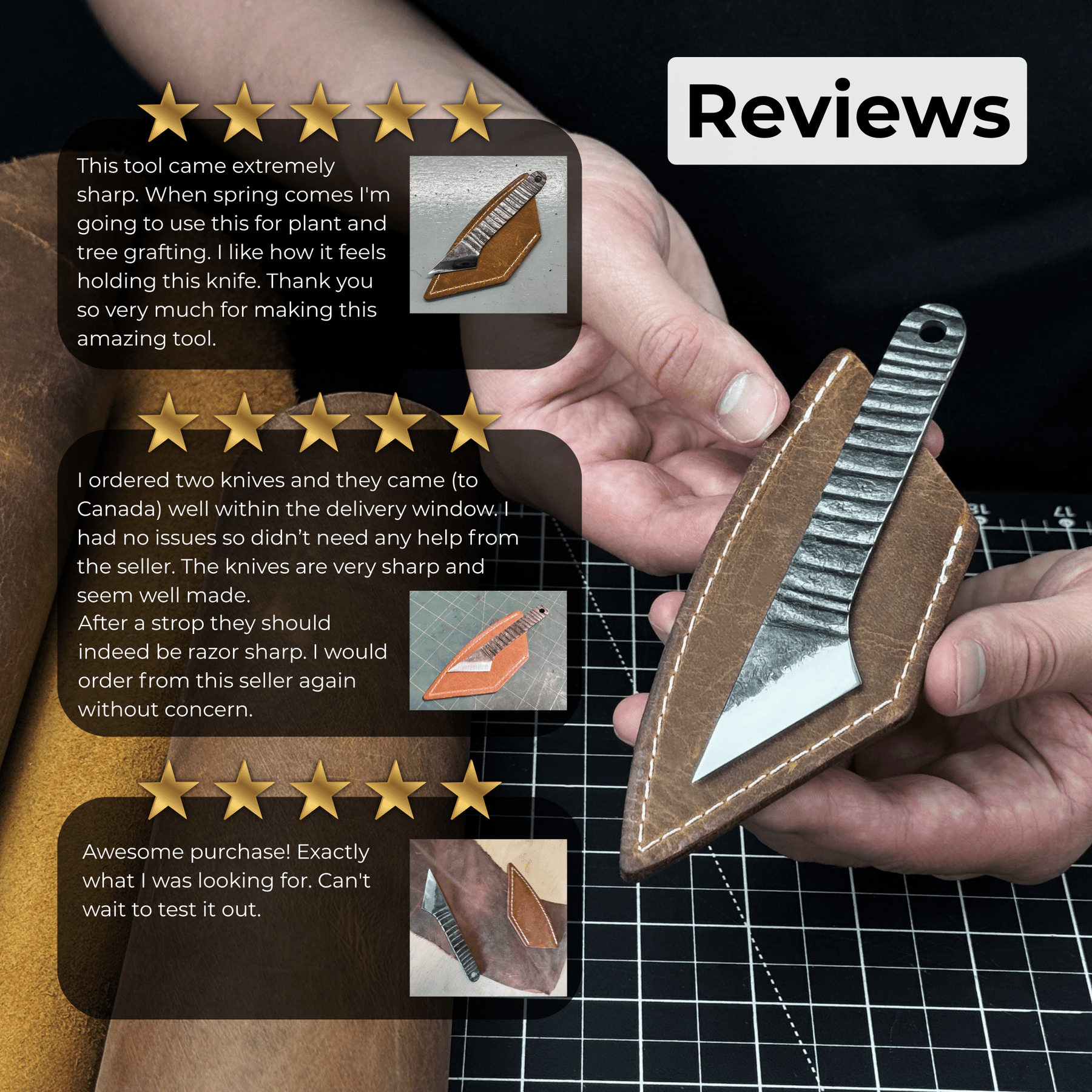 Marking Knife Kiridashi with leather sheath, 4 cm (1.57 inches) detail view by Sharky Forged Steel Tools