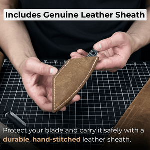 Marking Knife Kiridashi with leather sheath, 4 cm (1.57 inches) detail view by Sharky Forged Steel Tools