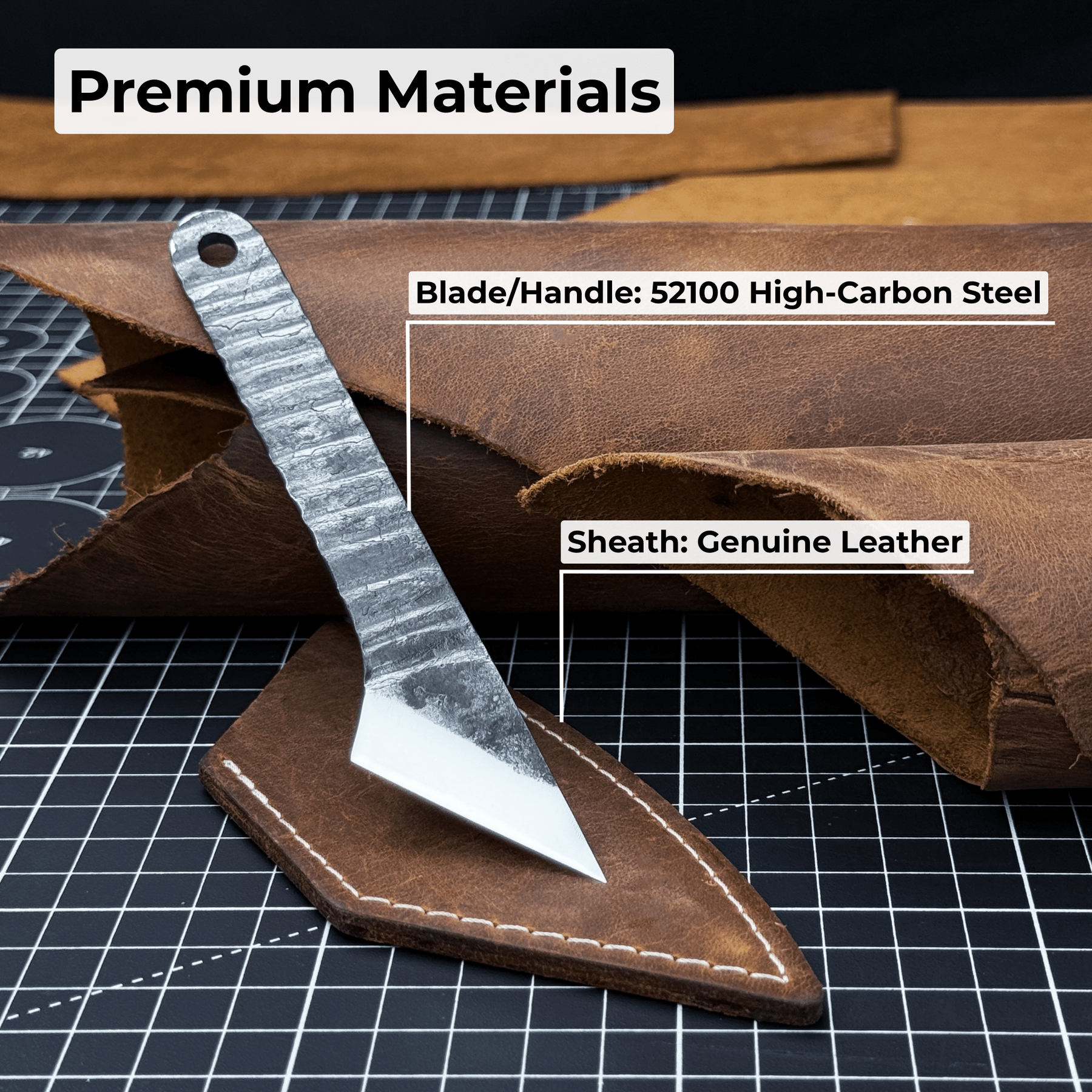 Marking Knife Kiridashi with leather sheath, 4 cm (1.57 inches) detail view by Sharky Forged Steel Tools