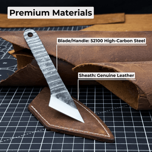Marking Knife Kiridashi with leather sheath, 4 cm (1.57 inches) detail view by Sharky Forged Steel Tools