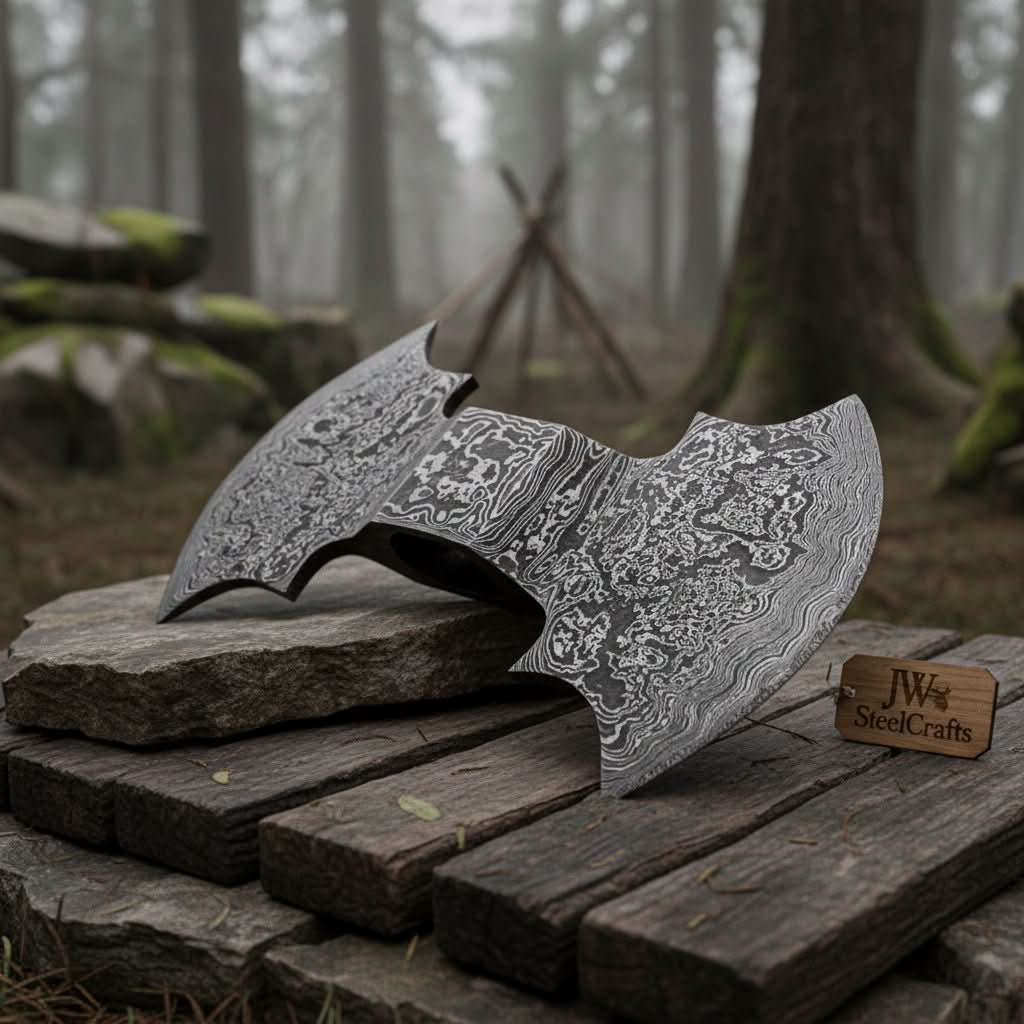 Damascus Double-Bit Axe Head – Fantasy Crescent Pattern by JW SteelCrafts, scented candle main product photo