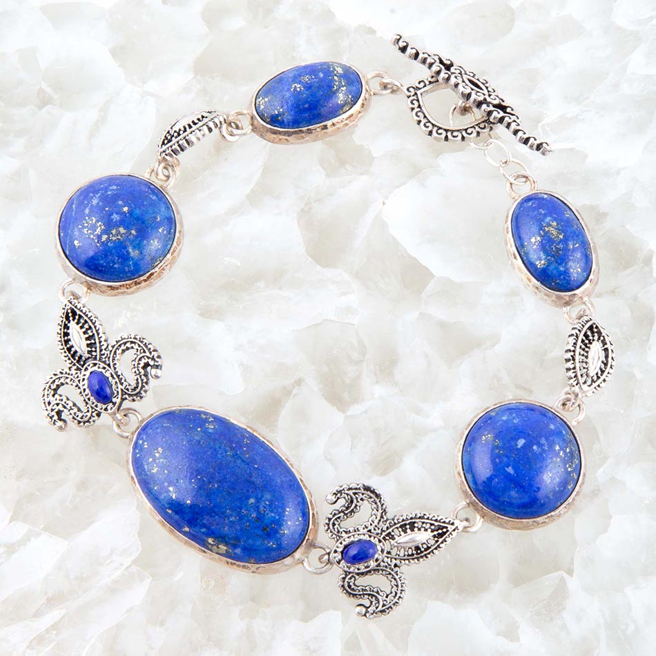 Mehndi Blue Lapis and Sterling Silver Link Bracelet detail view by Barse Jewelry