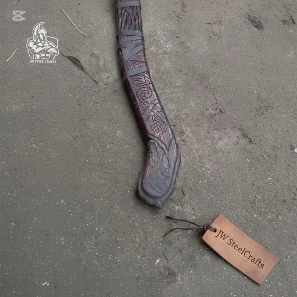 Handmade Viking Double-Bit Carbon Steel Axe with Norse Rune Etching and Engraved Hardwood Handle by JW SteelCrafts, Southern lifestyle apparel detail photo 6
