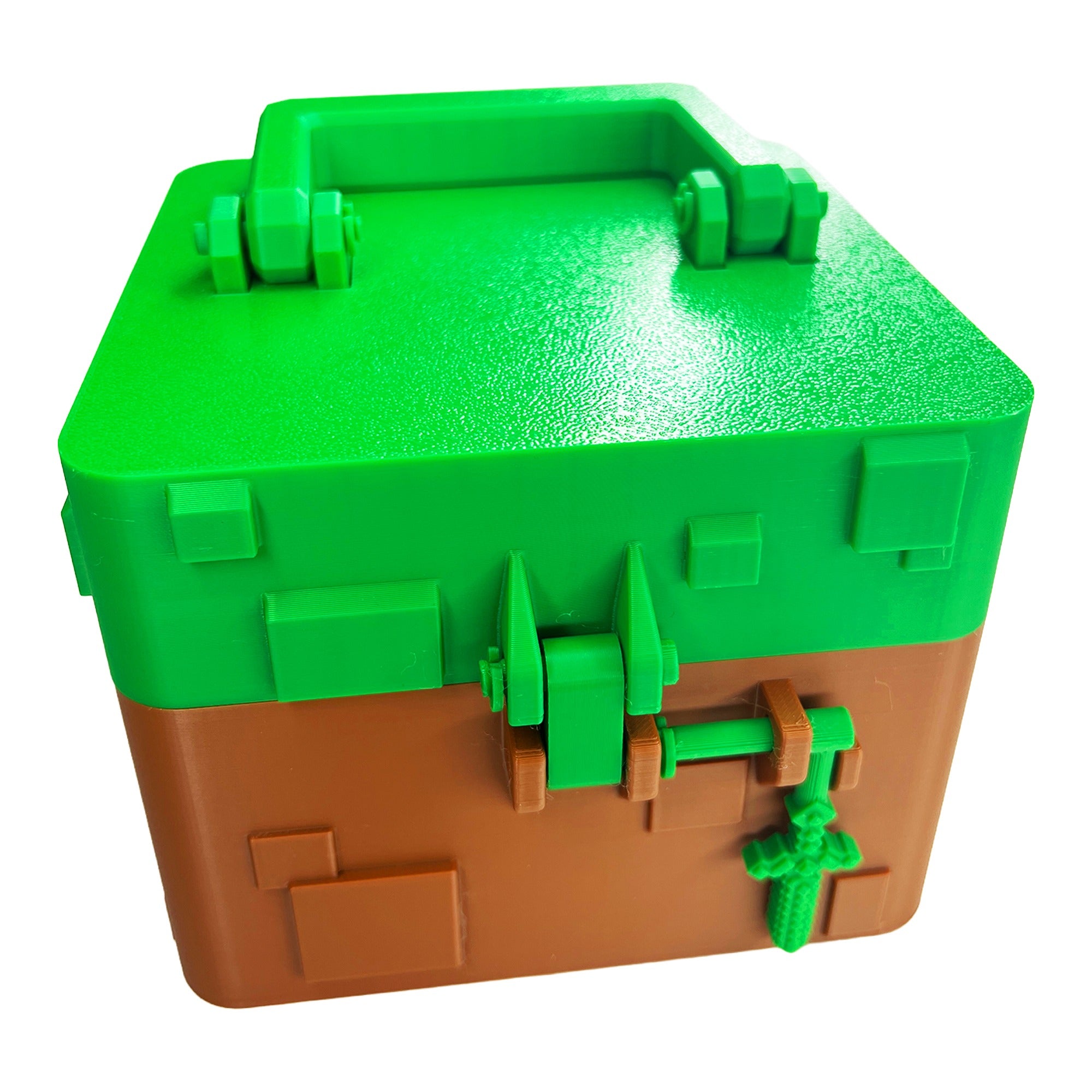 Minecraft-inspired grass block mystery cube box with handle, locking latch, and sword-shaped key