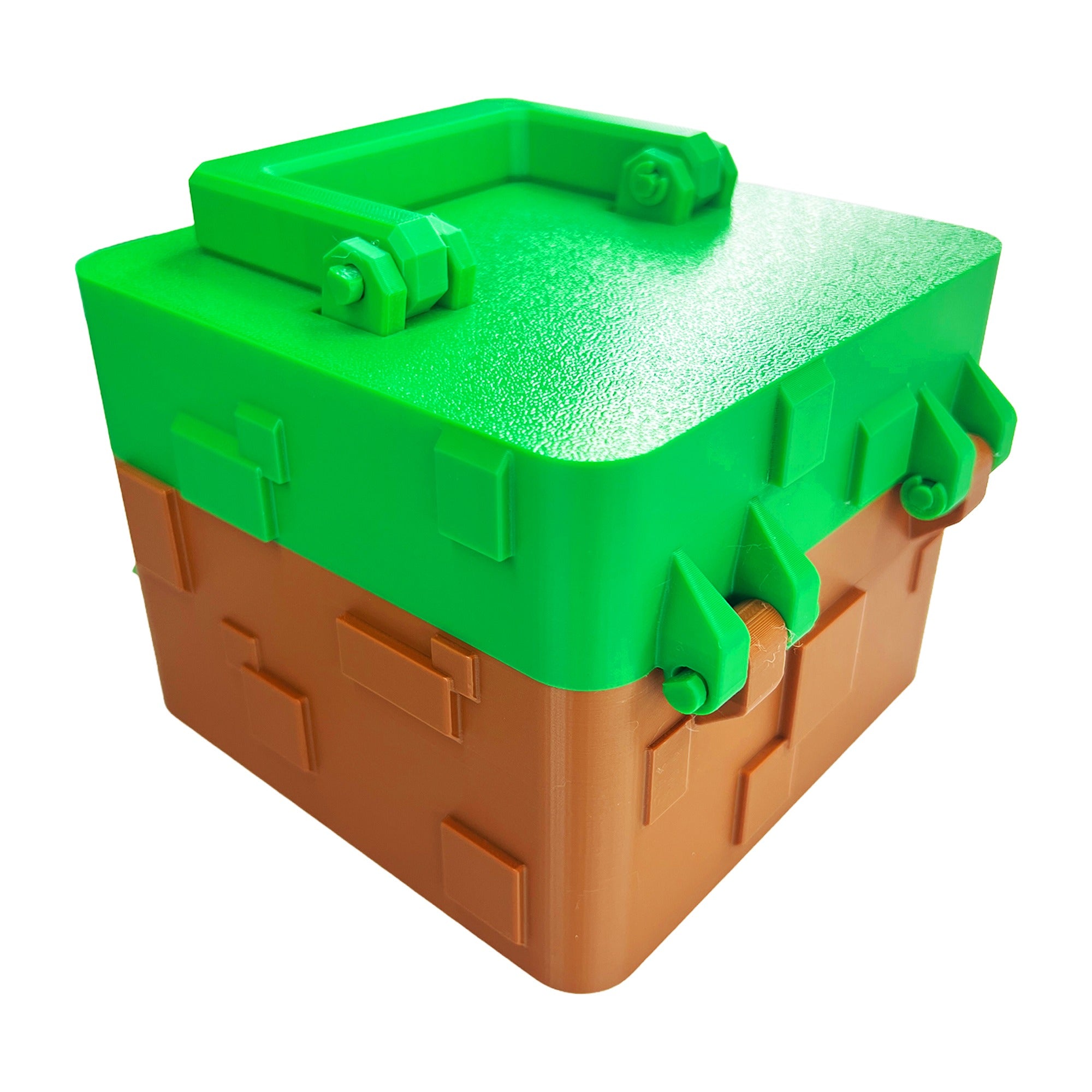 Minecraft-inspired green and brown cube box shown from the rear with hinged lid and carrying handle