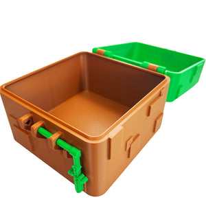 Minecraft-inspired mystery cube box open to show the large reusable storage compartment and sword-shaped key