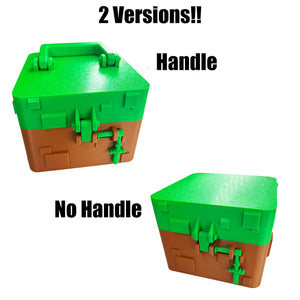 Comparison image showing Minecraft-inspired mystery cube box versions with handle and without handle