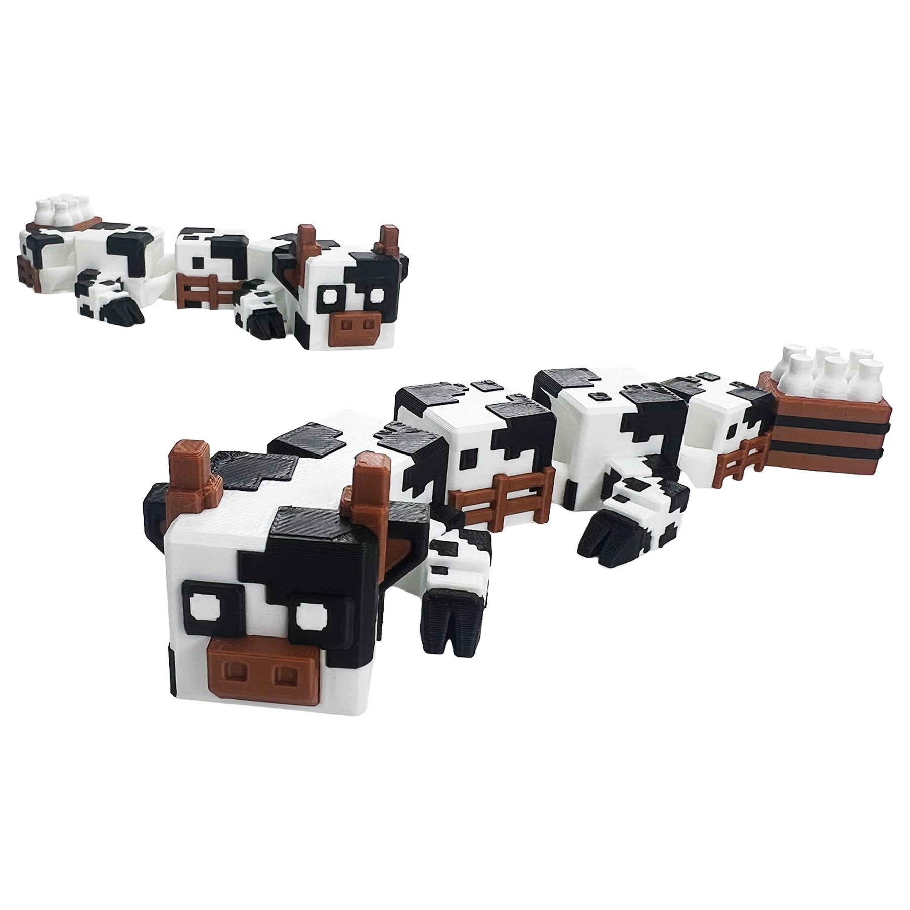 Minecraft-inspired articulated cube cow surprise figure posed with a milk crate tail