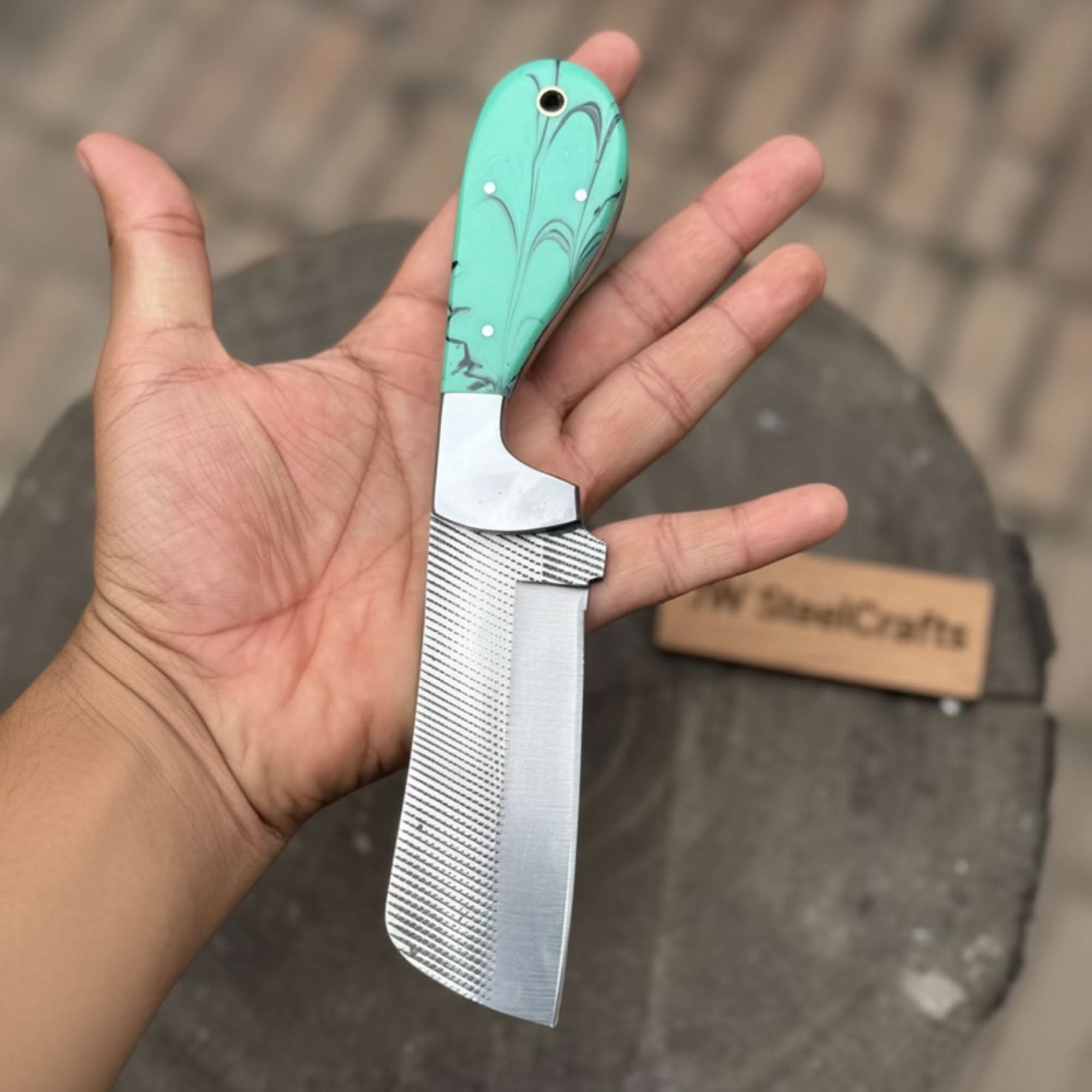 7.5-Inch Rasp Steel Bull Cutter Knife — Teal Marbled Resin Handle, Silver Pins, Lanyard Hole & Leather Sheath | JW Steel Crafts by JW SteelCrafts, leather knife sheath main
