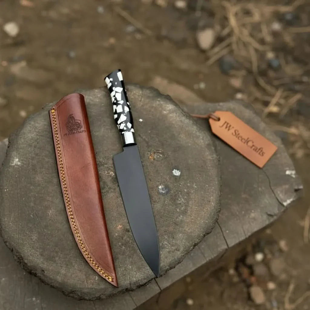 Black Blade Chef Knife Full Tang with Custom Handle & Leather Sheath by JW SteelCrafts, leather knife sheath detail photo 2