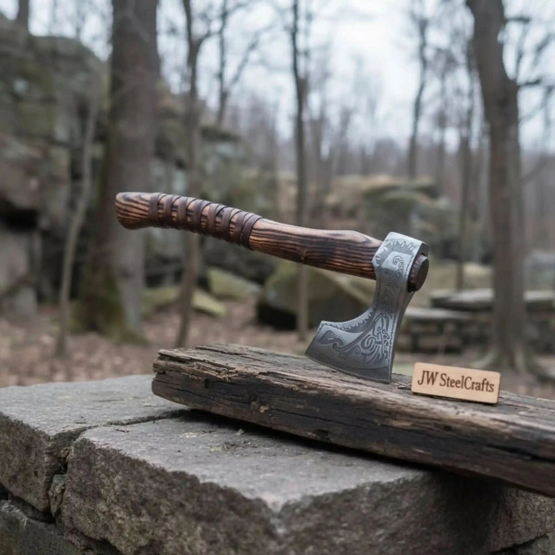 Hand Forged Carbon Steel Viking Axe with Carved Ash Wood Handle and Leather Grip by JW SteelCrafts, Southern lifestyle apparel detail photo 10
