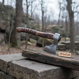 Hand Forged Carbon Steel Viking Axe with Carved Ash Wood Handle and Leather Grip by JW SteelCrafts, Southern lifestyle apparel detail photo 10