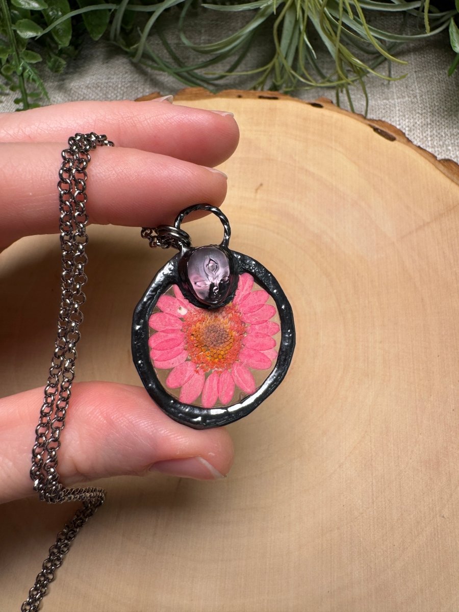 Miralyn- Resin Face and Flower Necklace detail view by Copper Ashes