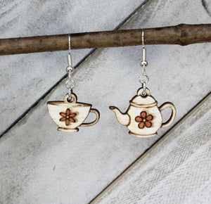 Teapot and Cup Wooden Dangle Earrings | Mismatched Tea Jewelry by Cate's Concepts, LLC, Southern food gift detail photo 3