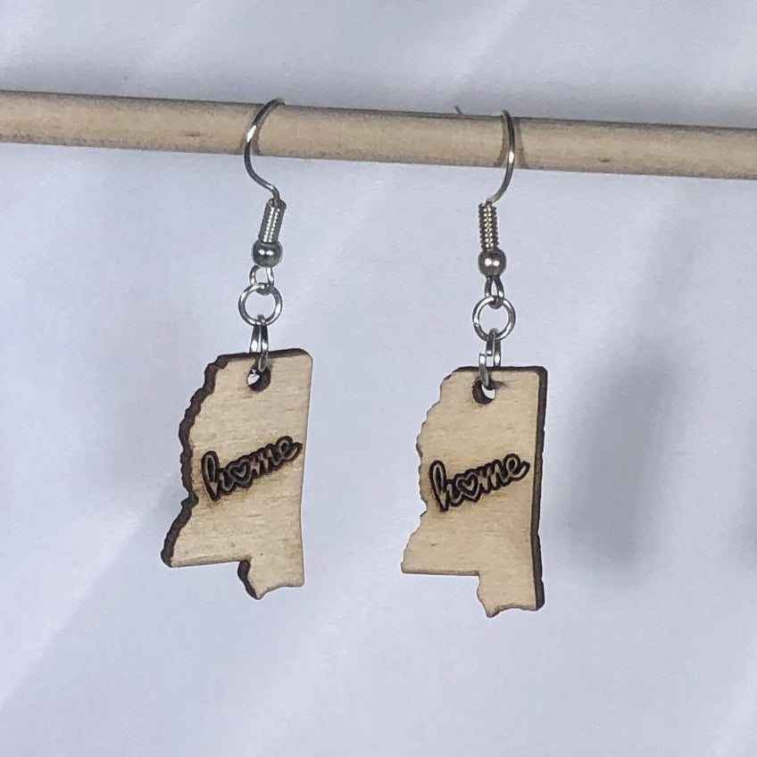 Mississippi State Wooden Dangle Earrings | State Pride Jewelry by Cate's Concepts, LLC