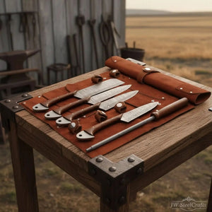 4-Piece Handmade Damascus Kitchen Knife Set – Rosewood Handles, Steel Bolsters & Brass Pins | Chef, Santoku, Cleaver &