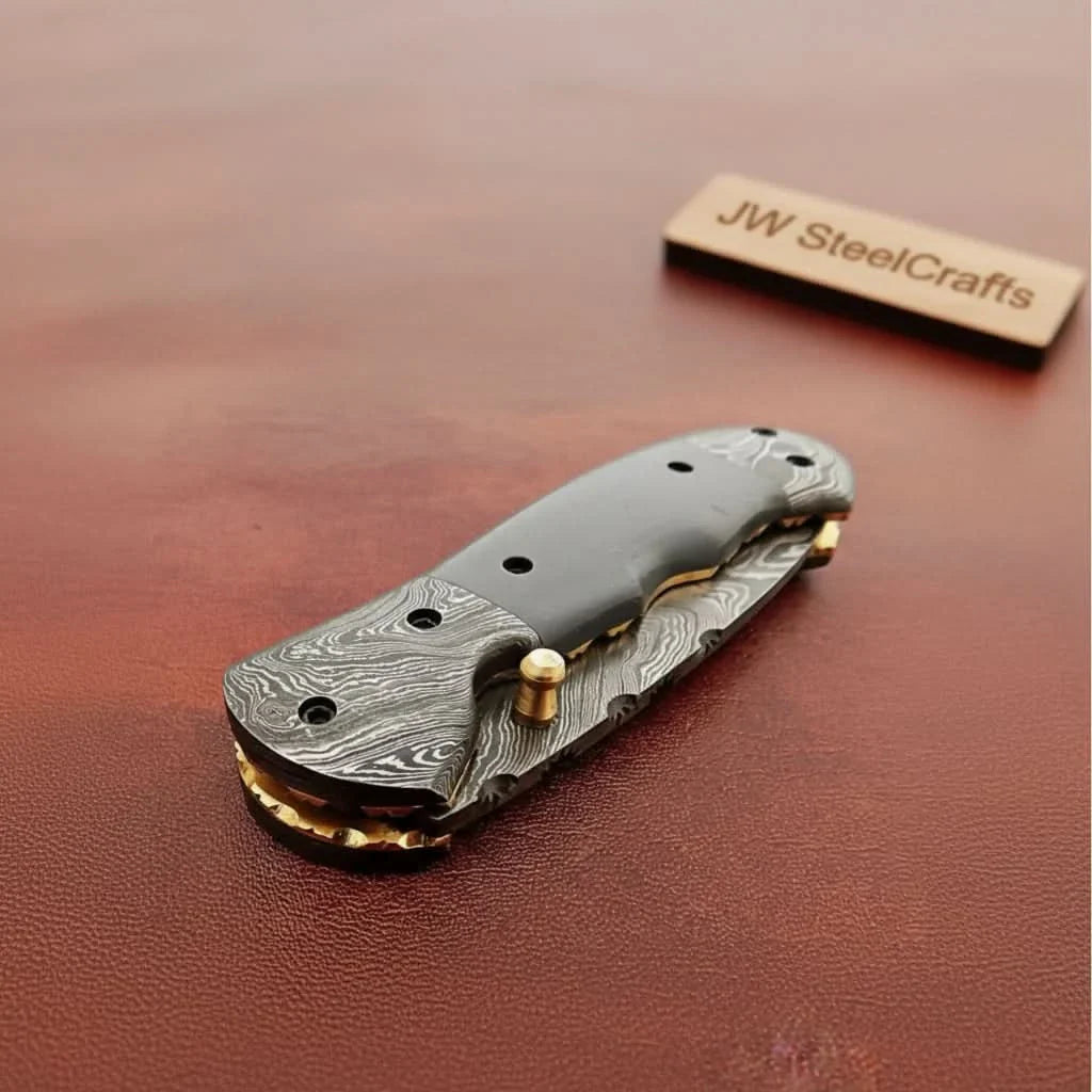 Handmade Damascus Folding Knife with Gray Micarta Handle, Custom Pocket Knife, EDC Damascus Folder by JW SteelCrafts by JW SteelCrafts, Damascus knife detail photo 2