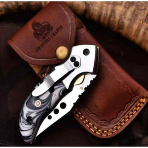 Marble Resin Folding Pocket Knife — Drop Point Blade, Brass Pivot, and Genuine Leather Sheath by JW SteelCrafts, leather knife sheath detail photo 2