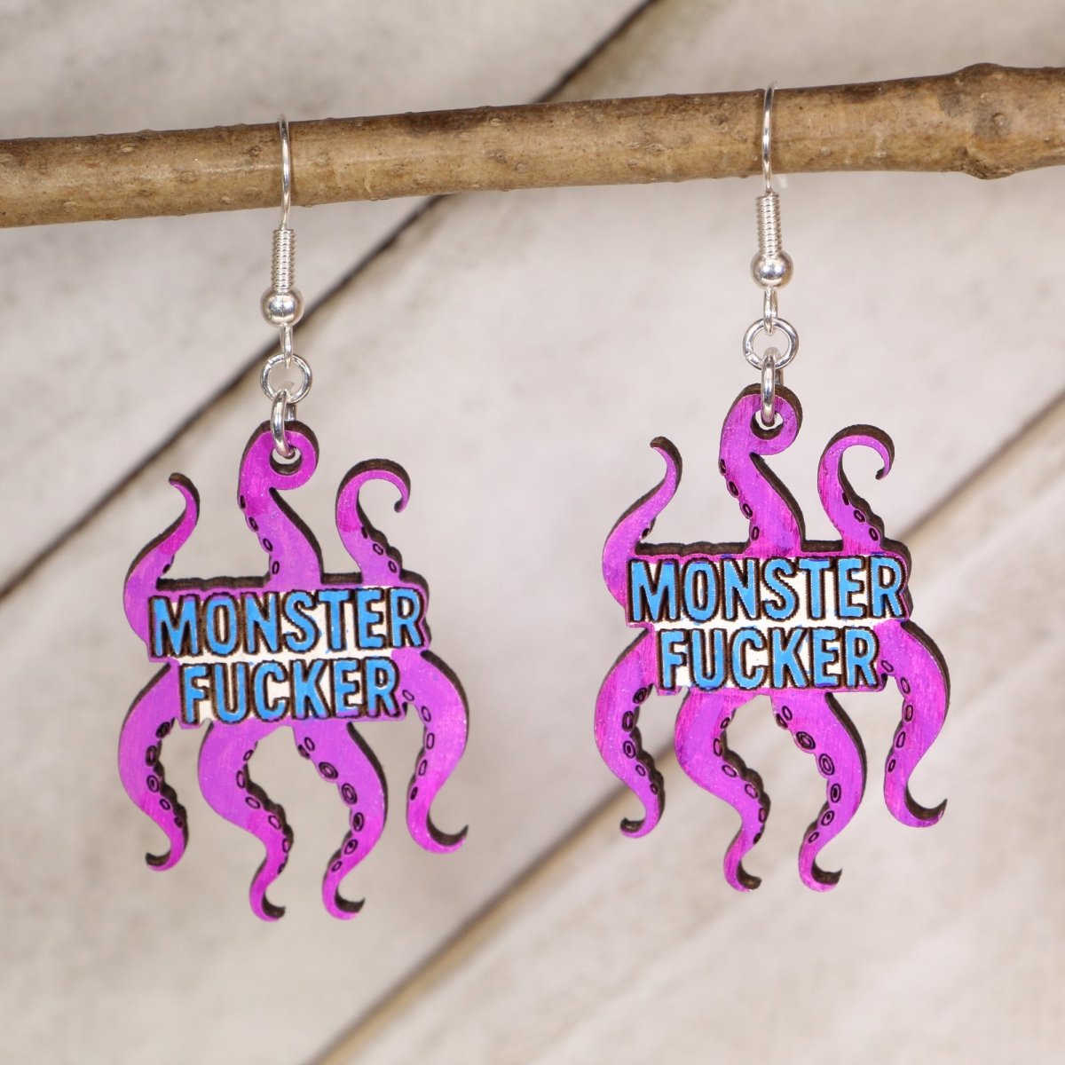 Monster Lover Wooden Earrings | Funny Fantasy Adult Humor Jewelry detail view by Cate's Concepts, LLC