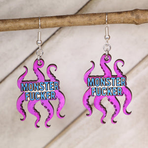 Monster Lover Wooden Earrings | Funny Fantasy Adult Humor Jewelry detail view by Cate's Concepts, LLC