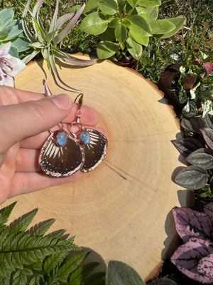 Moonstone and Butterfly Wing Earrings detail view by Copper Ashes