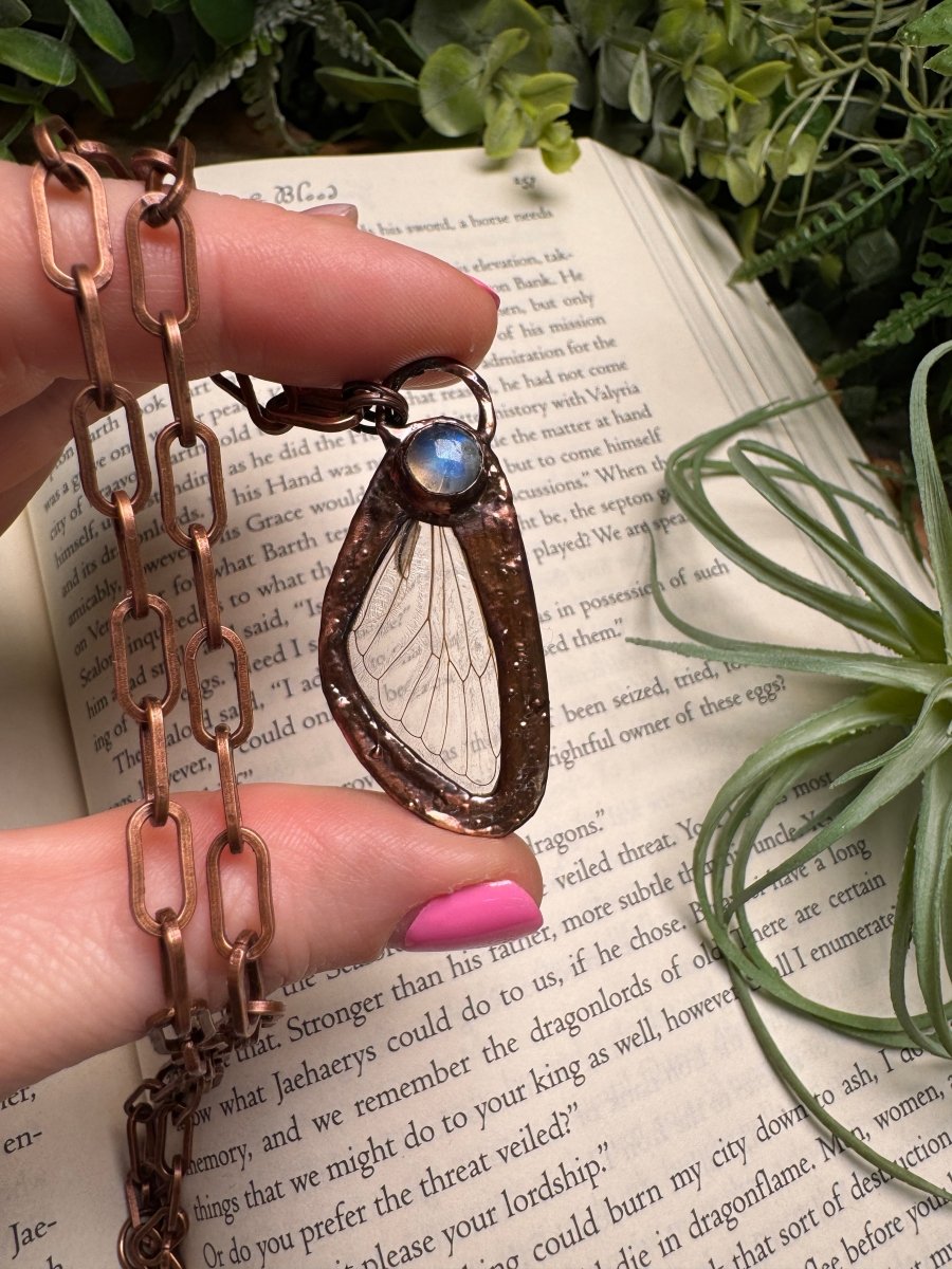 Moonstone and Cicada Wing Necklace detail view by Copper Ashes