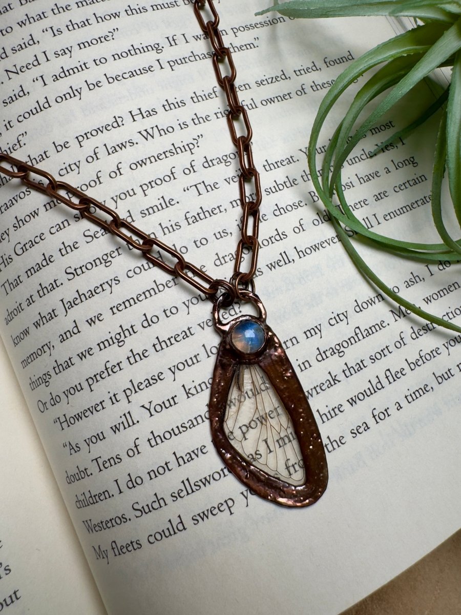 Moonstone and Cicada Wing Necklace by Copper Ashes