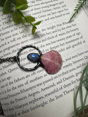 Moonstone and Scallop Shell Necklace detail view by Copper Ashes