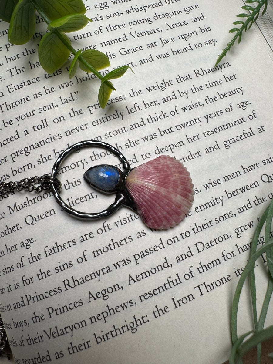 Moonstone and Scallop Shell Necklace detail view by Copper Ashes