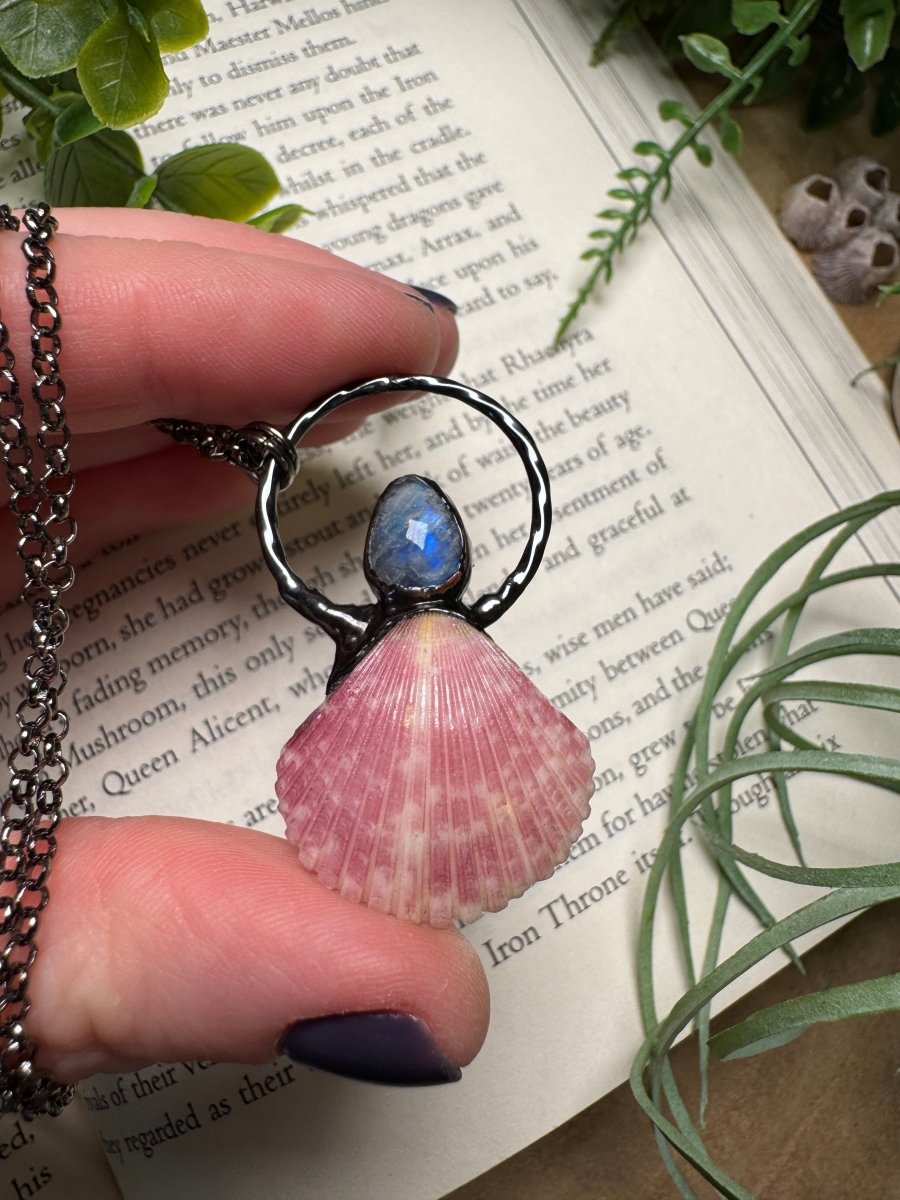 Moonstone and Scallop Shell Necklace by Copper Ashes