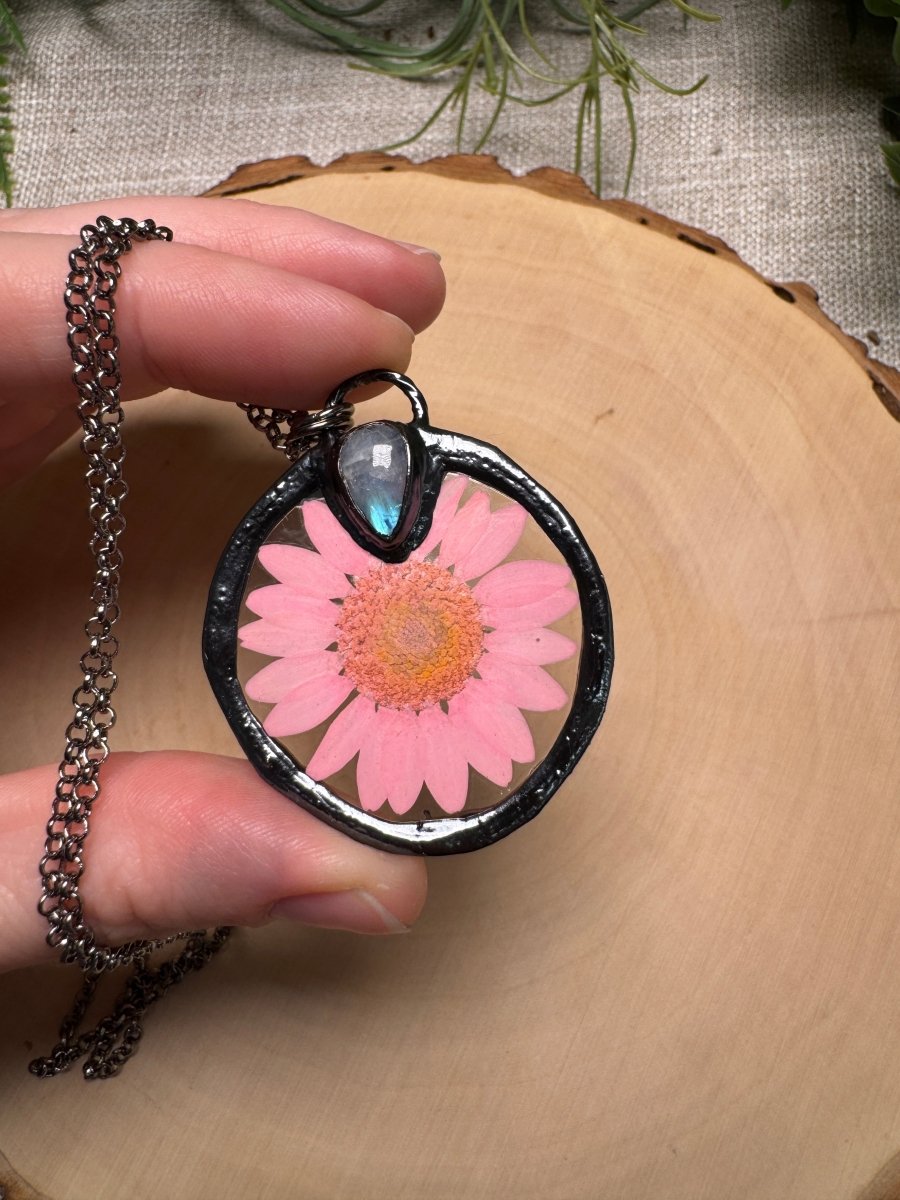 Moonwillow- Moonstone and Flower Necklace detail view by Copper Ashes