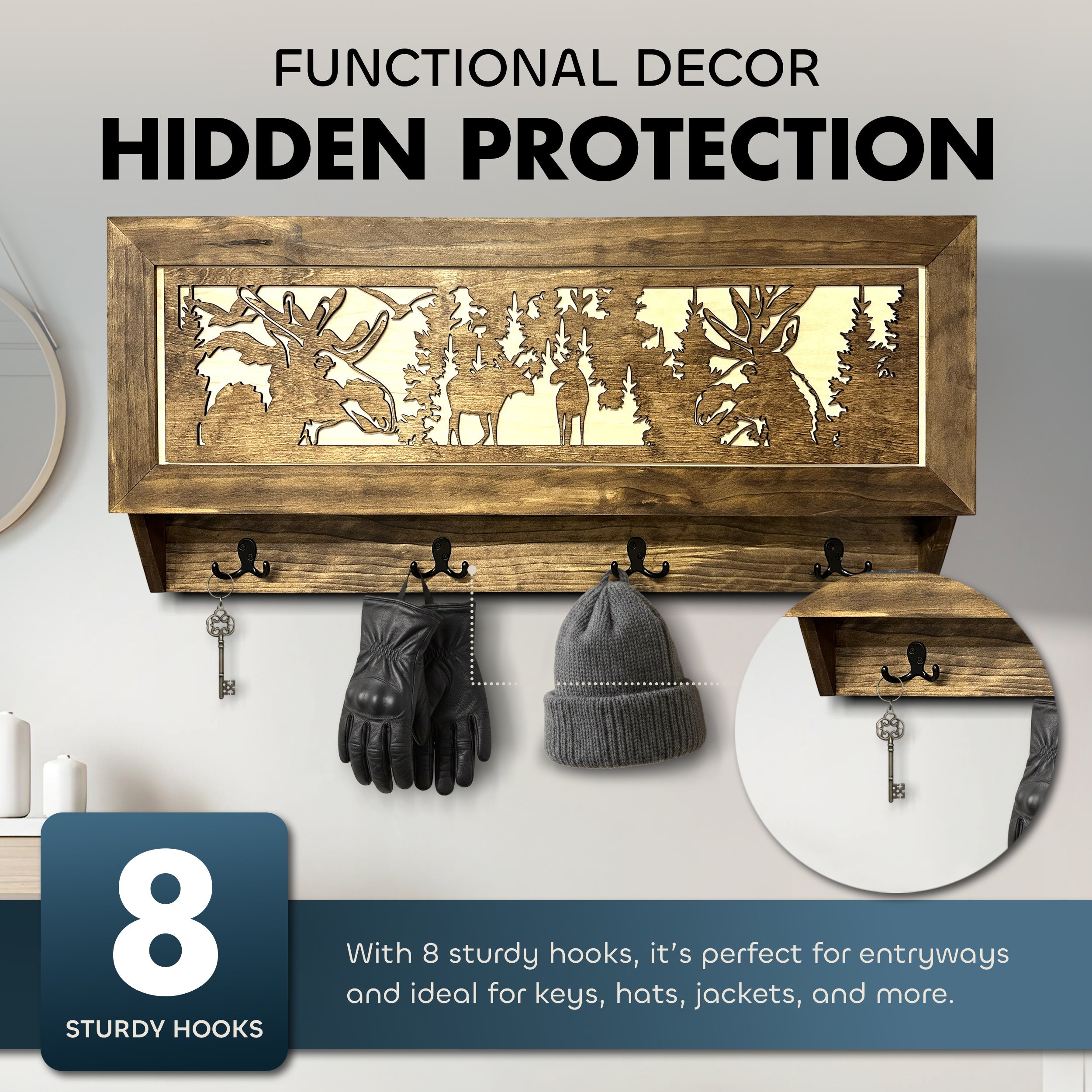 Moose Hunting Hidden Gun Storage Coat Rack Concealment Shelf with Hooks for Coats, Bags, & Hats by Bellewood Designs, Southern home decor detail photo 2