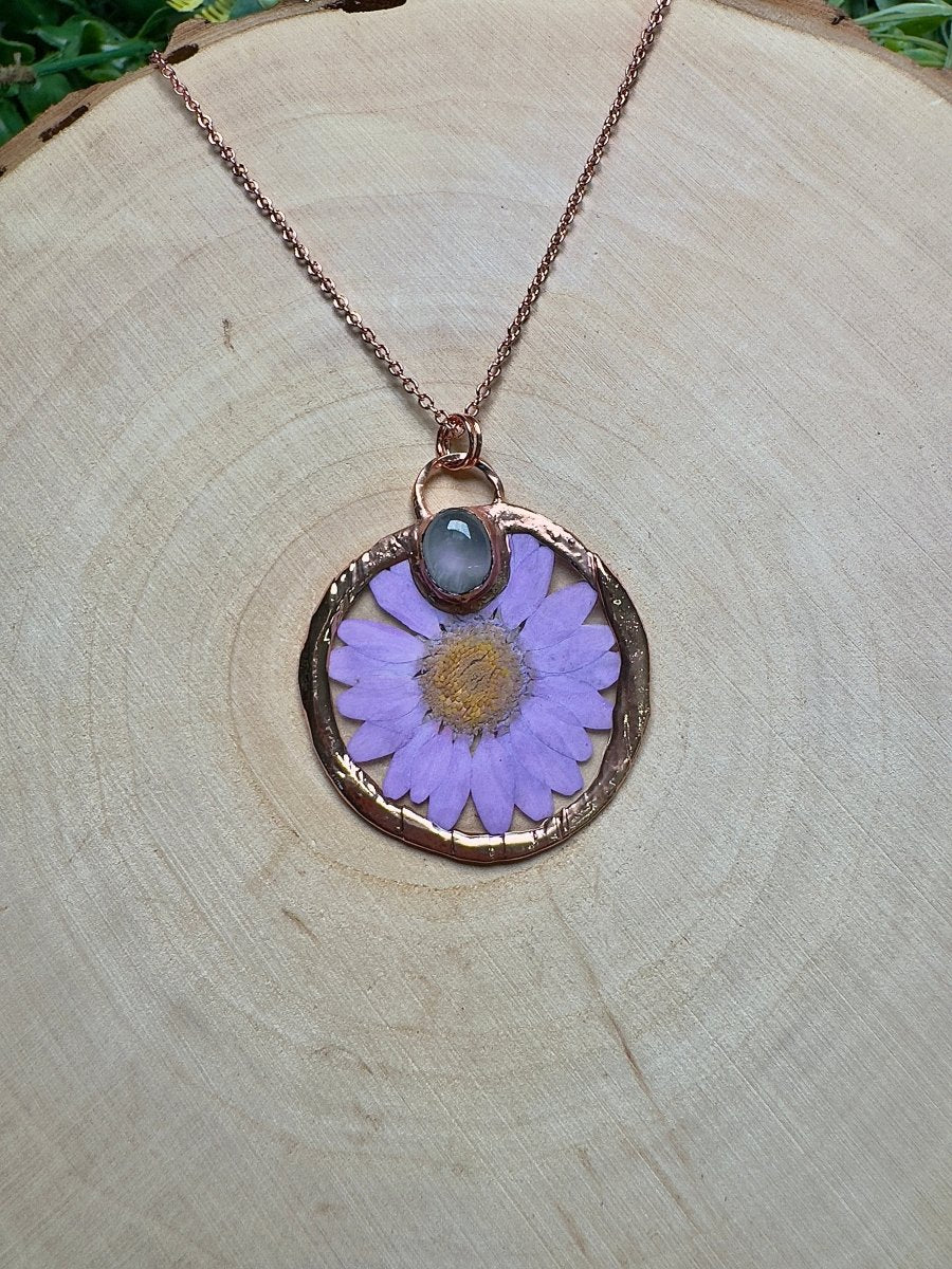 Morwenne- Rose Quartz and Flower Necklace by Copper Ashes