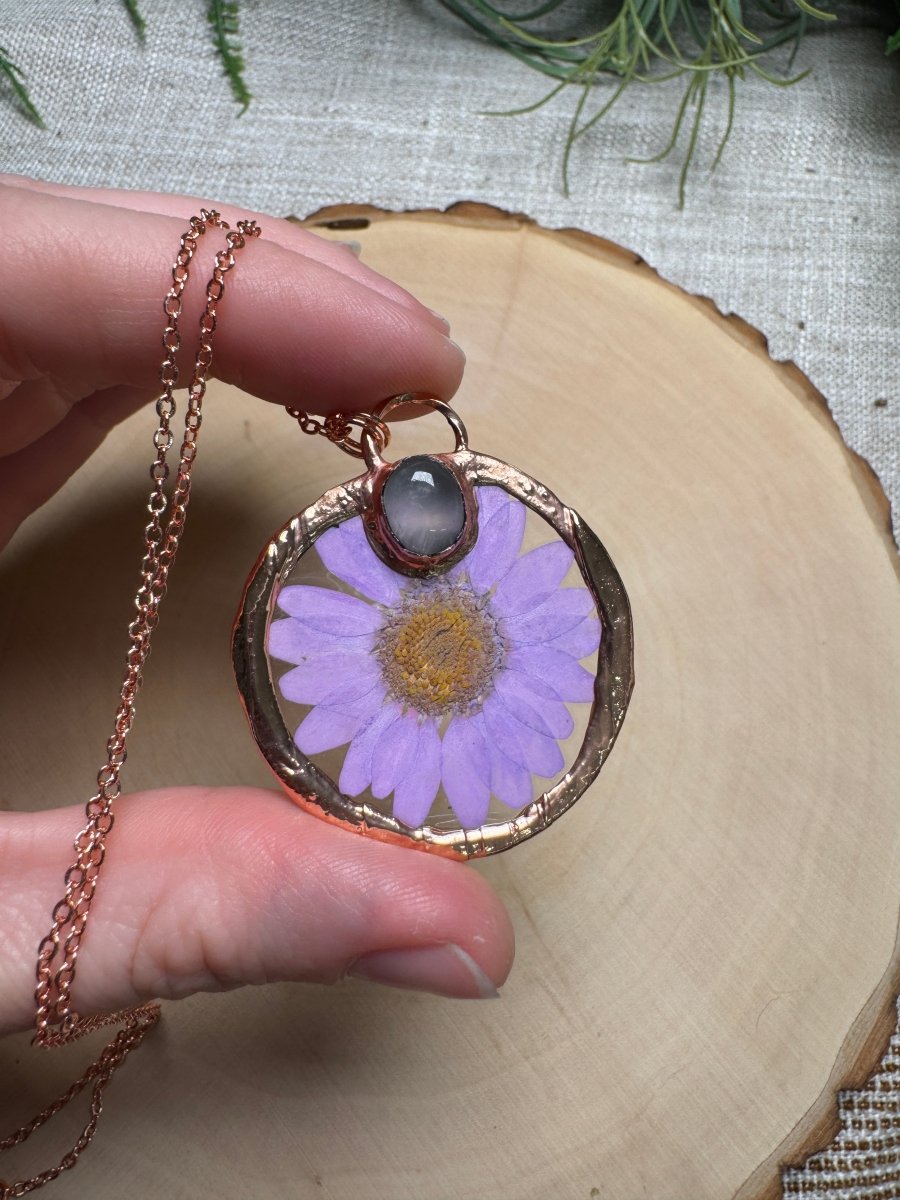 Morwenne- Rose Quartz and Flower Necklace detail view by Copper Ashes