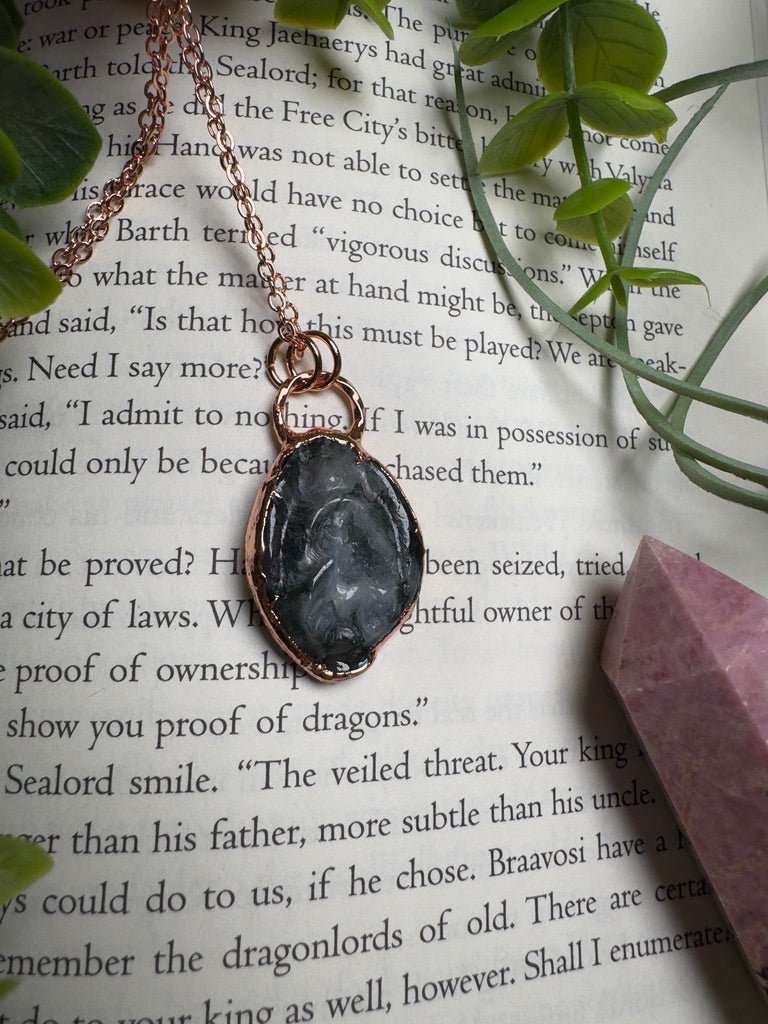Moss Agate Druzy Yoni Necklace detail view by Copper Ashes