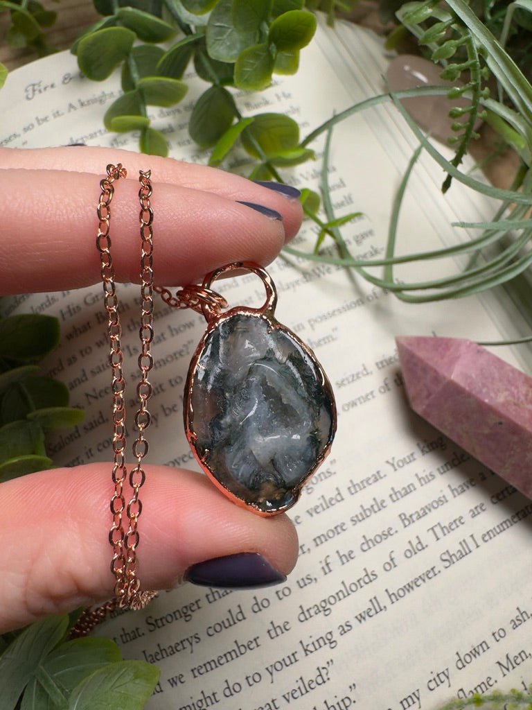 Moss Agate Druzy Yoni Necklace by Copper Ashes
