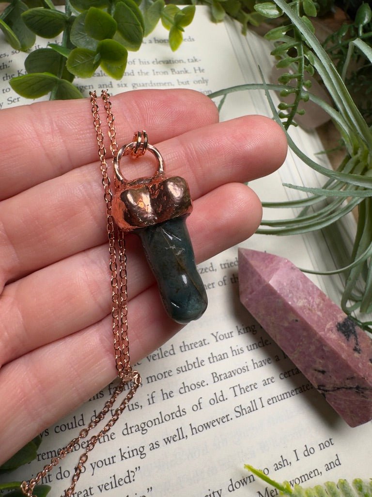 Moss Agate Penis Necklace detail view by Copper Ashes