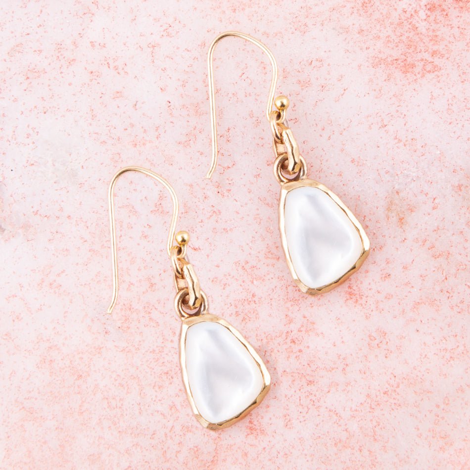White Mother of Pearl Golden Drop Earrings detail view by Barse Jewelry