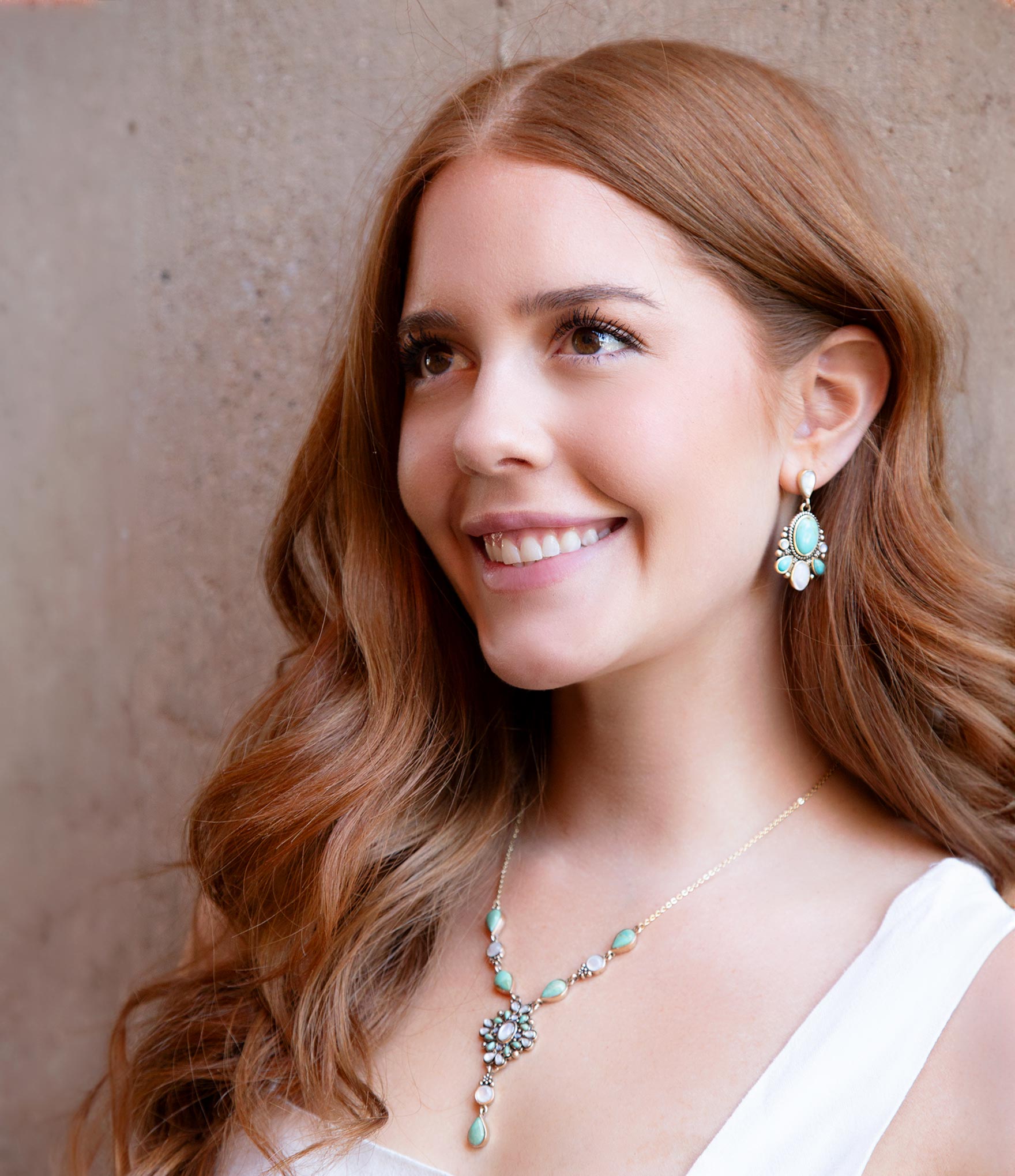 White Mother of Pearl and Blue Turquoise Golden Barcelona Y-Necklace detail view by Barse Jewelry