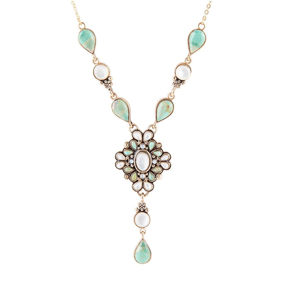 White Mother of Pearl and Blue Turquoise Golden Barcelona Y-Necklace by Barse Jewelry