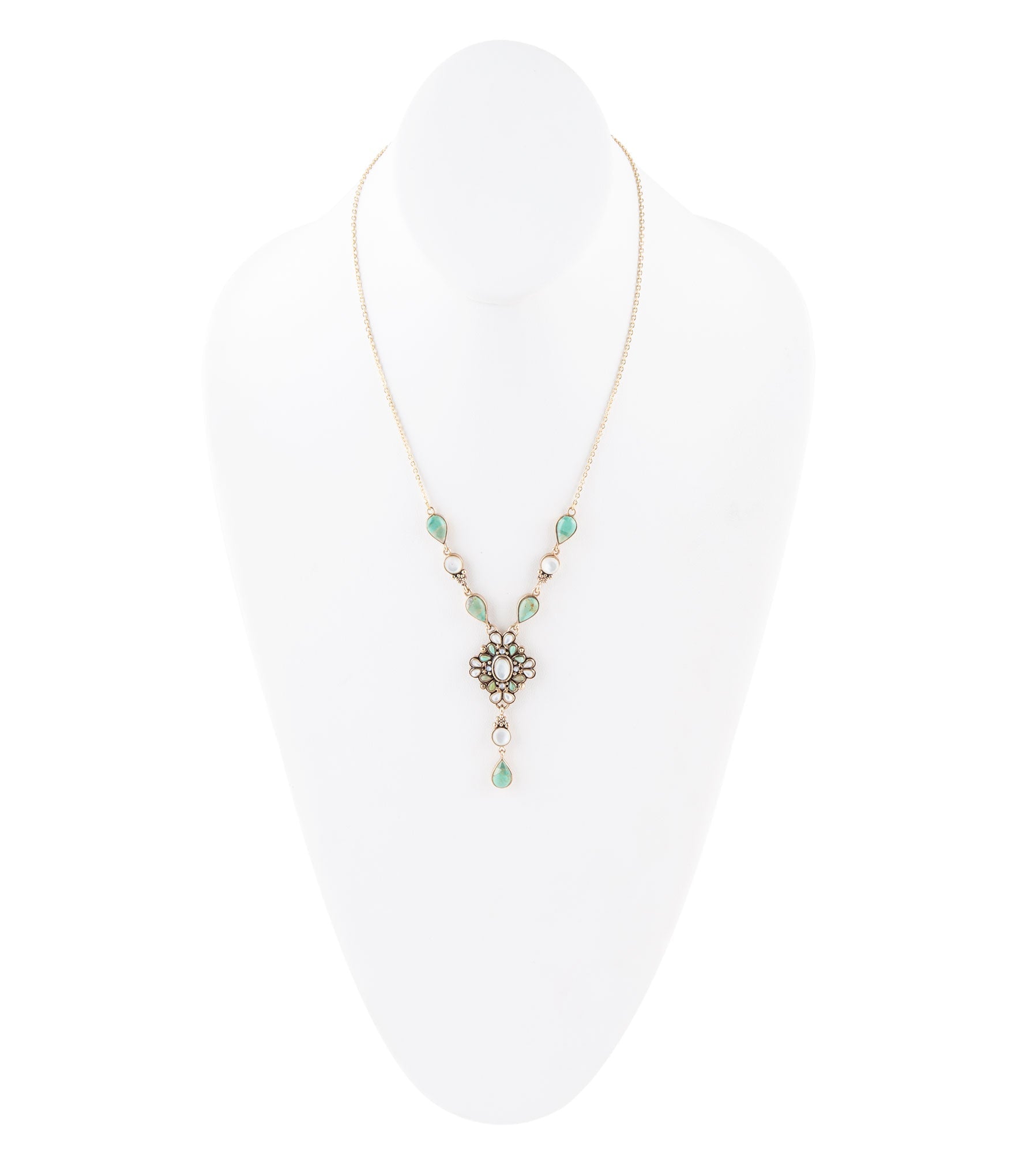 White Mother of Pearl and Blue Turquoise Golden Barcelona Y-Necklace detail view by Barse Jewelry