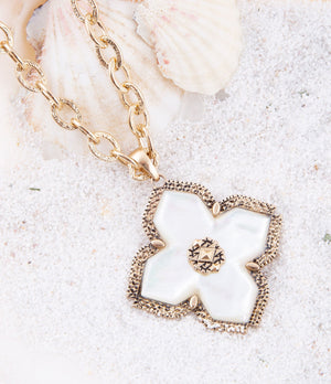 Maltese Cross White Mother of Pearl Golden Chain Pendant Necklace detail view by Barse Jewelry